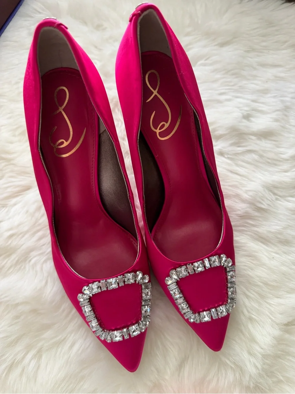 New! Sam Edelman Fuchsia Satin Pointed Toe Crystal Buckle Pumps